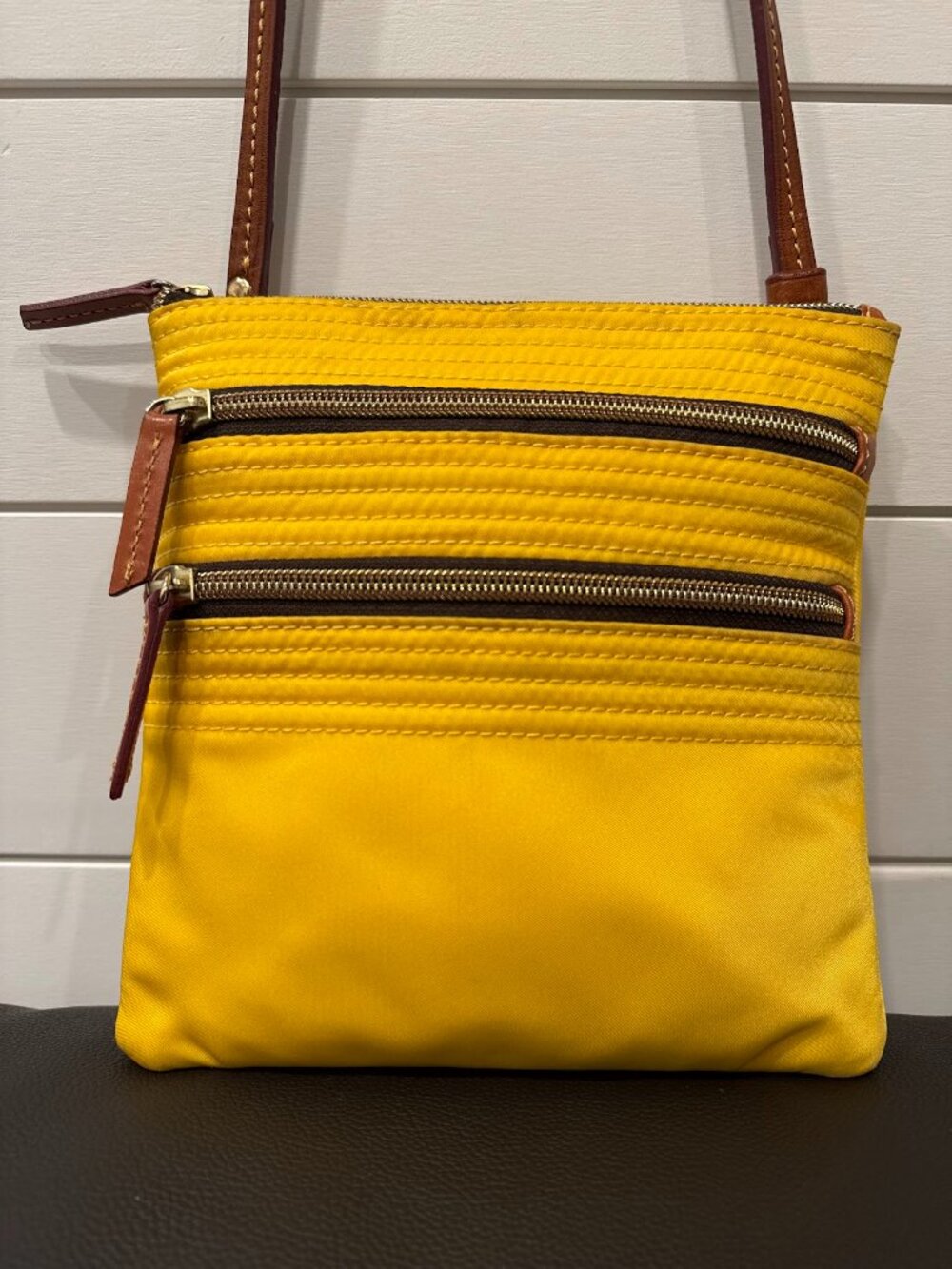 Dooney & Bourke North South Triple Zip Crossbody Yellow Leather Trim